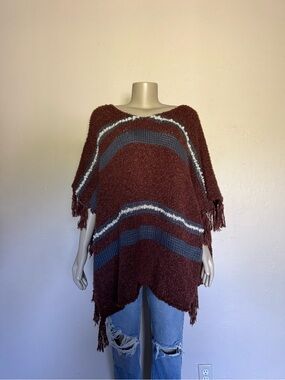 Francesca's Collections Rust, Navy & Cream Stripe Fringe Poncho